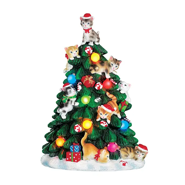 Resin Holiday Color Changing Light Up Christmas Tree with Cats