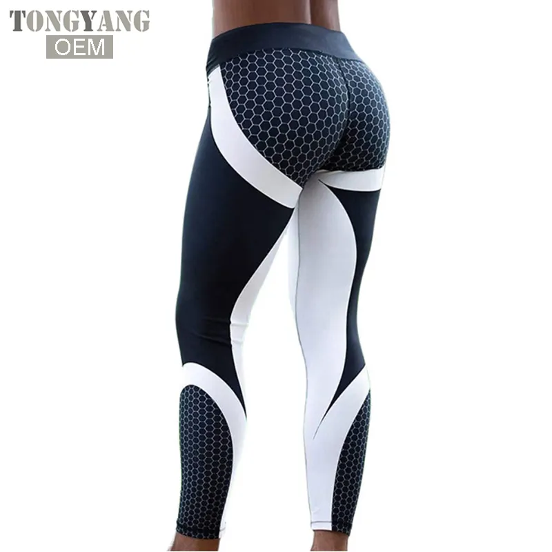 TONGYANG-pantalones de Yoga con estampado de malla para mujer, mallas deportivas para entrenamiento, pantalones elásticos ajustados en blanco y negro