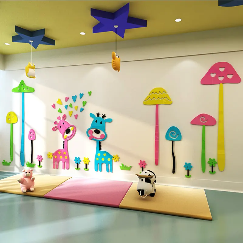 Decoração de parede infantil, decoração de parede com desenho animado floresta cervos yakelis sólida, sala de infância, jardim de infância