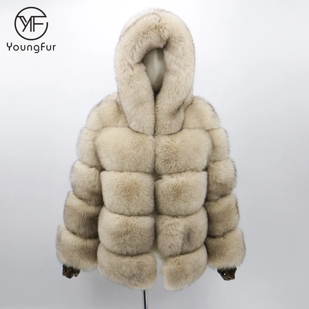 Russian Hot Sale Fur Vestuário para Lady Luxo Fox Fur Casaco Com Capuz para o Inverno