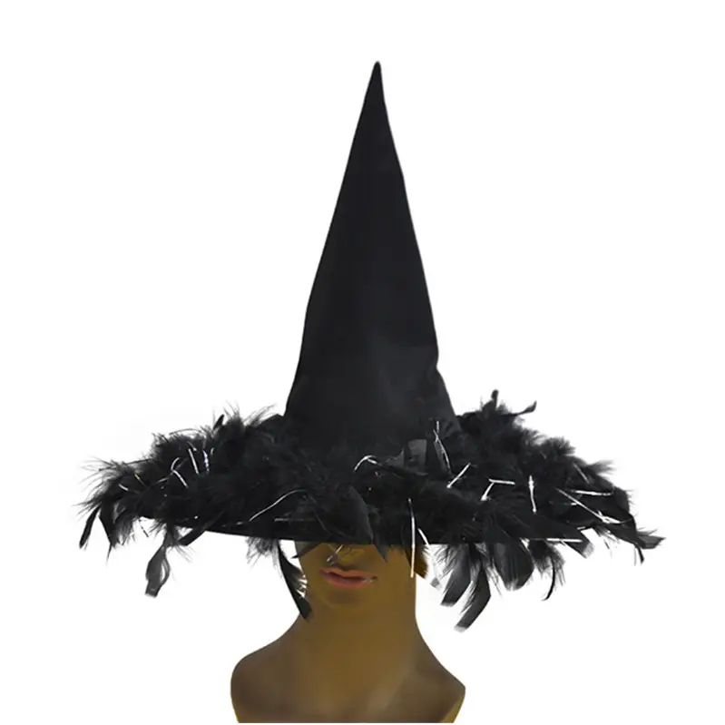 Gorro de terciopelo personalizado para fiesta de halloween, sombrero de bruja con pluma, color negro, morado y verde