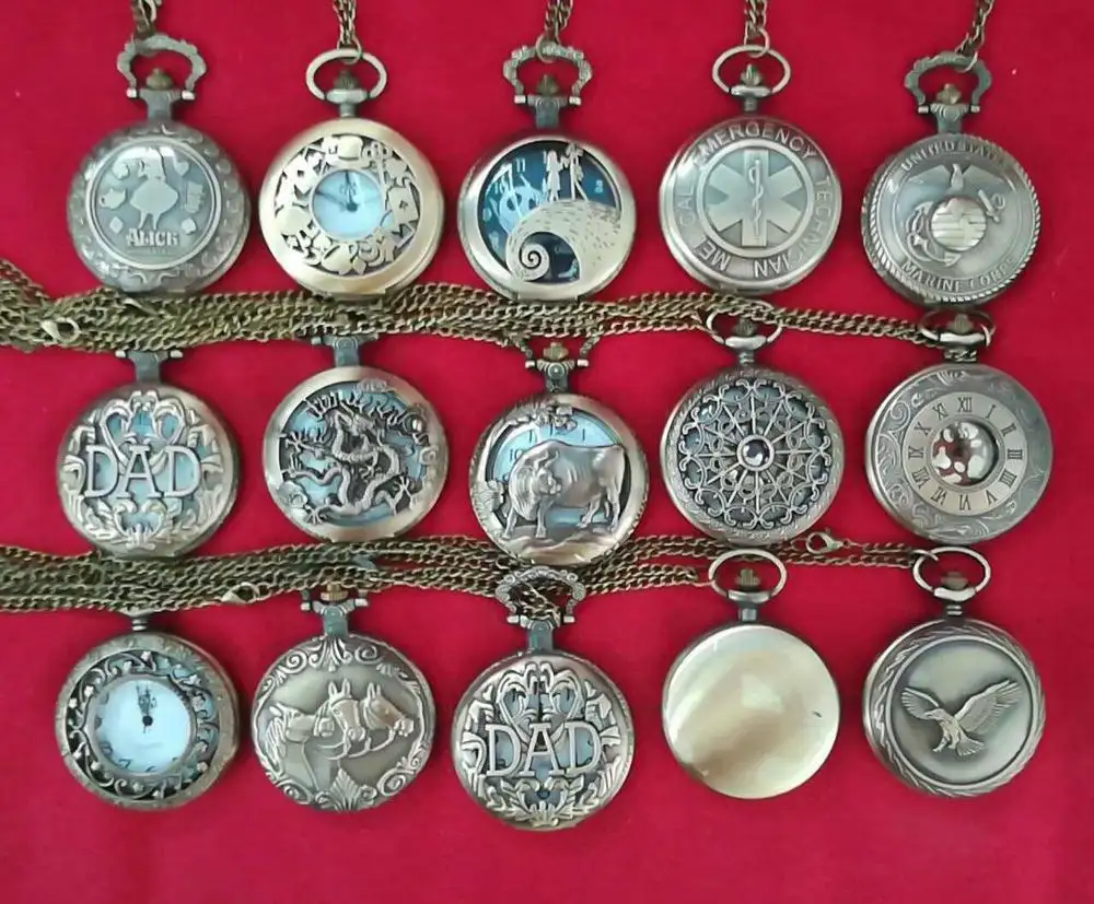 ขายส่งผสม15การออกแบบคลาสสิกโรมันบรอนซ์กระเป๋านาฬิกาวินเทจผู้ชายผู้หญิงโบราณรุ่น Tuo ตารางกลวงพ่อนาฬิกา PW053