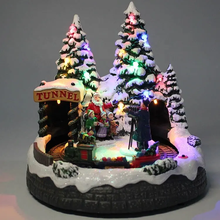 Escena de Casa de pueblo led musical animada de plástico decoración de Navidad con tren