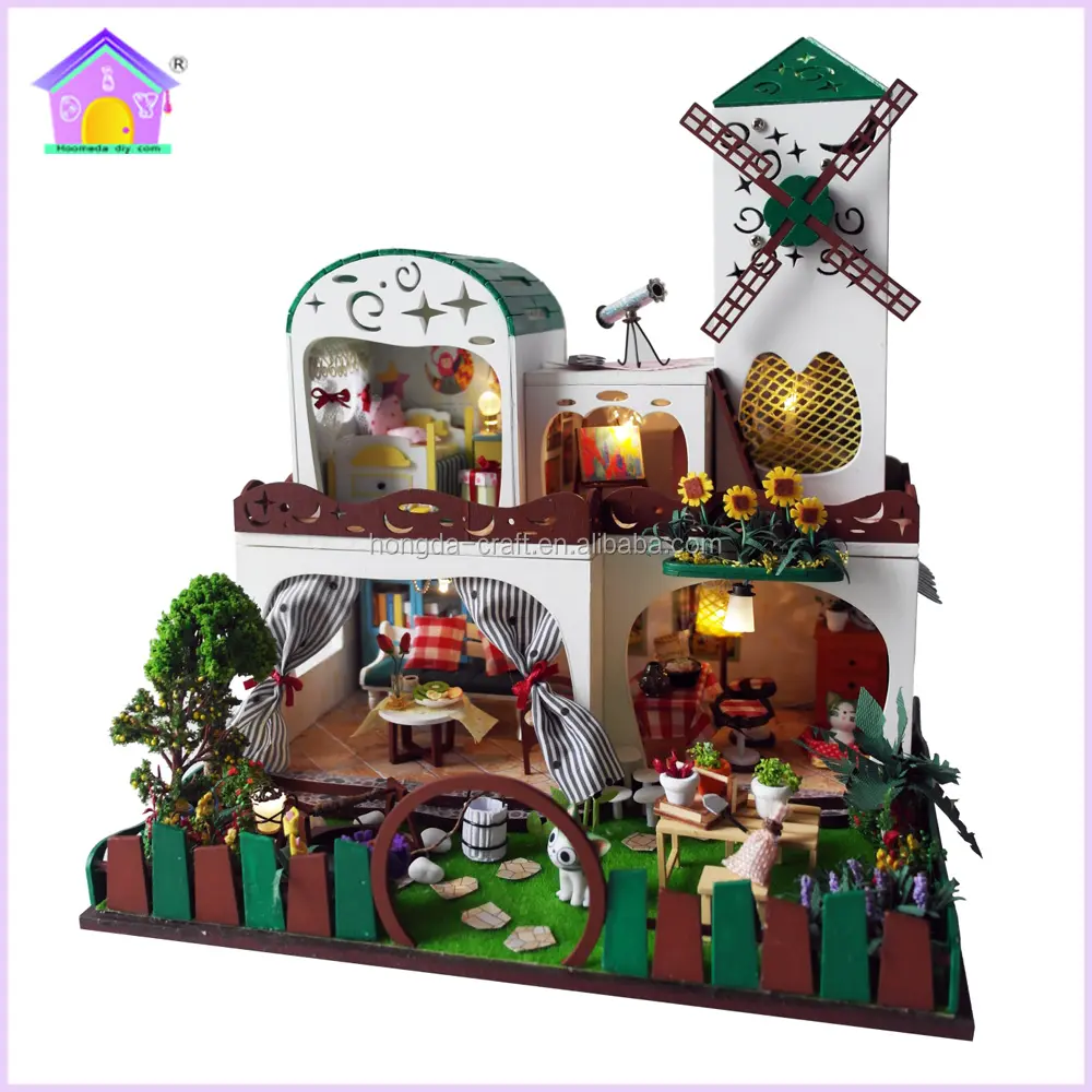 Commercio all'ingrosso FAI DA TE in legno casa delle bambole in miniatura giocattoli di legno con la luce
