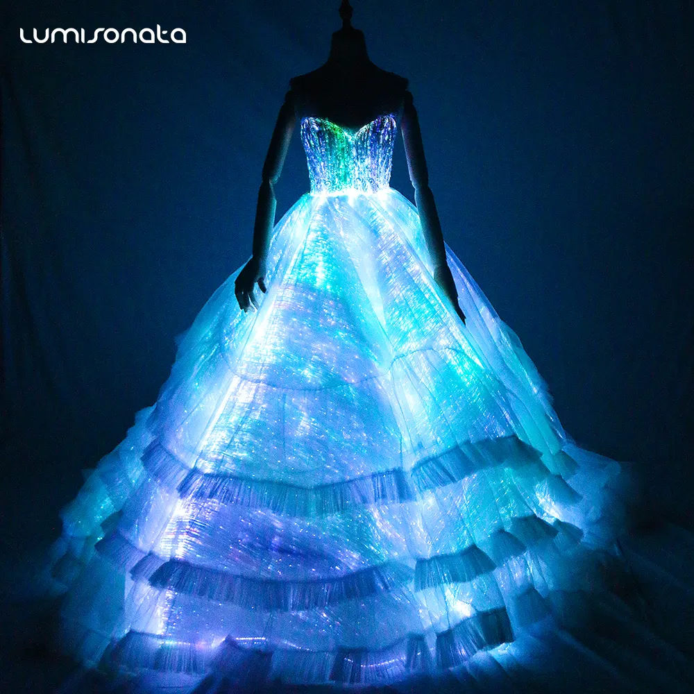 Vestido de noiva luminoso de design exclusivo, vestido de noiva para casamento com led