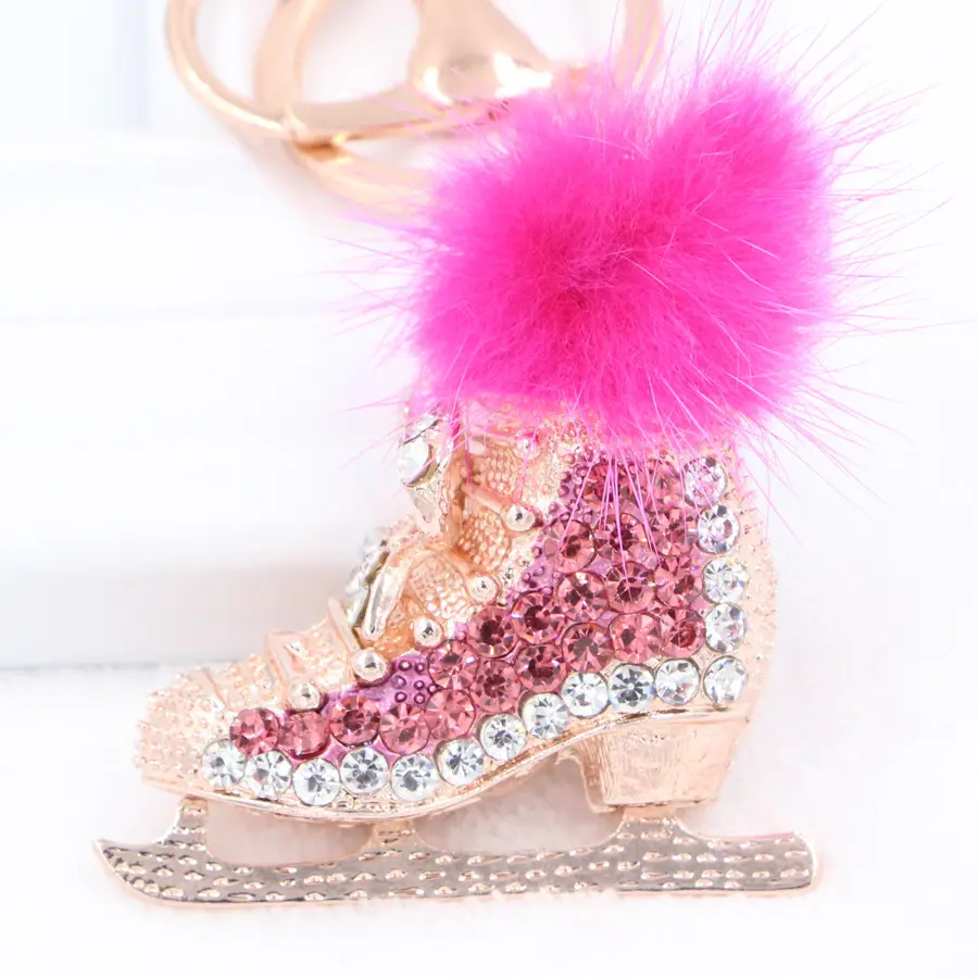 Frauen Mode zarte Kristall Schlittschuh Schuh Pelz Ball Schlüssel bund Strass Rollschuhe geformte Schlüssel bund für Tasche