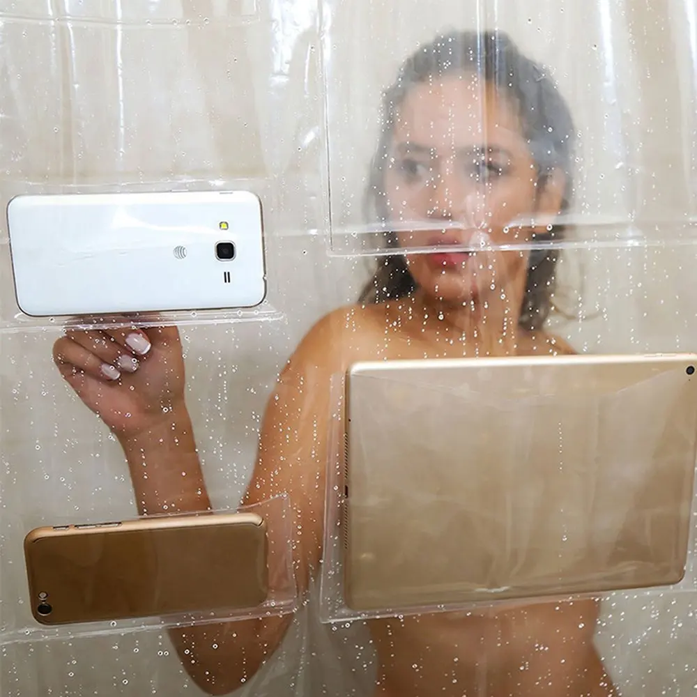 Jamur Gratis PVC Shower Tirai dengan Mesh Kantong Penyimpanan