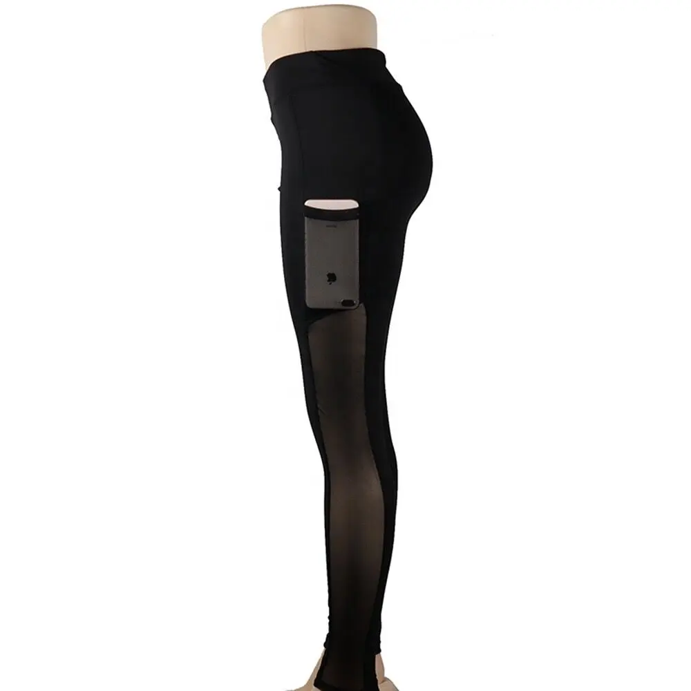 Customized Low moq High waist women black leggings mesh sport gym yoga leggings with pocket