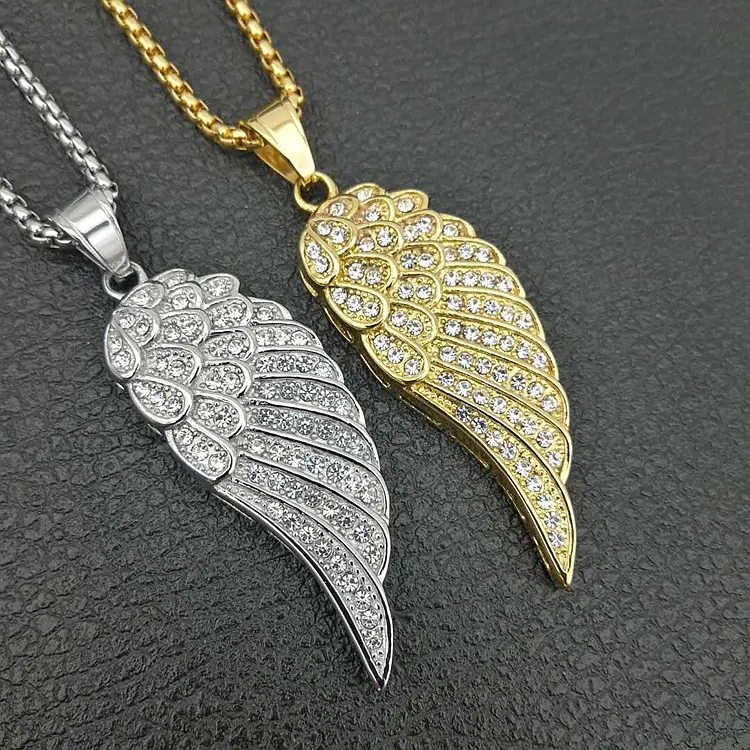 Hiphop 18K Gold Plated Diamond Crystal Stainless Steel Wings Necklace Feather Angel Wings Pendant
