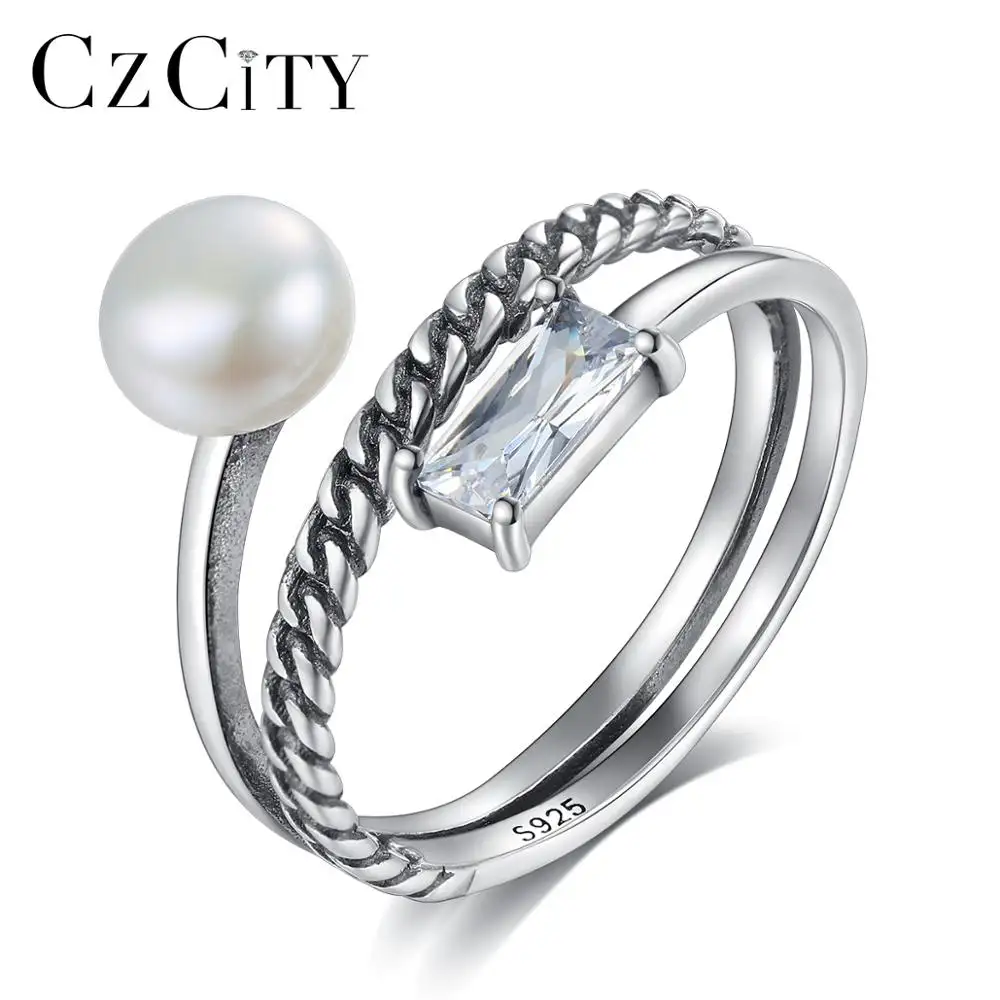 CZCITY Vintage Pearl Punk Finger Rings Women Genuine 925 Sterling Silver Freshwater Pearl Punk Women Jewelry Wholesale