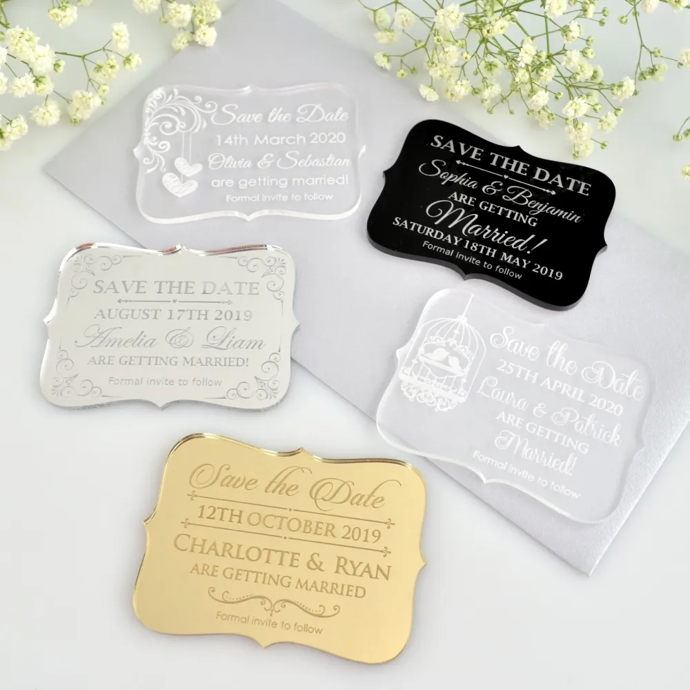 Cartes de mariage acryliques personnalisées royales de gravure de fantaisie avec la date