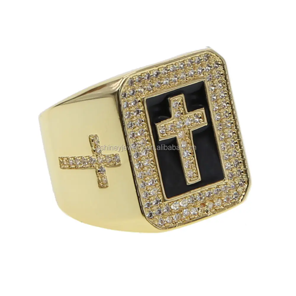 Anillos de compromiso para hombre, joyería de oro bañado en oro, estilo hip hop, Cruz de cz, grande