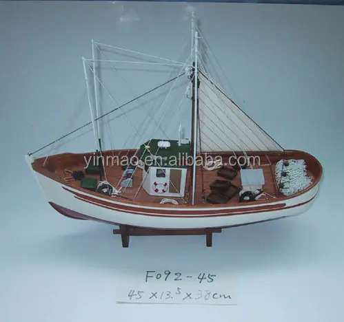 Modèle de bateau de pêche à voile en bois 2 ensembles (45x13.5x36cm) modèle de bateau de pêche à poupe ronde