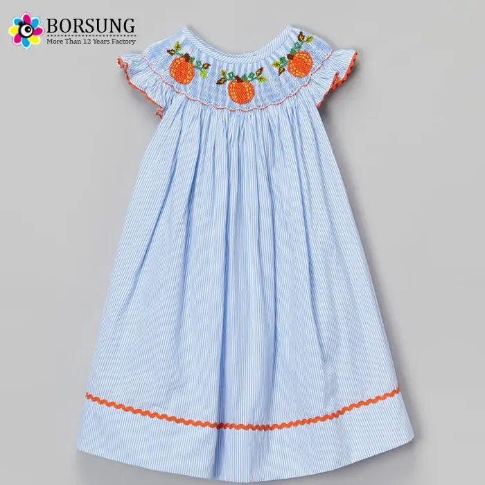 Blu A Righe Grembiule Vescovo Vestito Zucca Ricamo Commercio All'ingrosso Boutique di abbigliamento Per Bambini