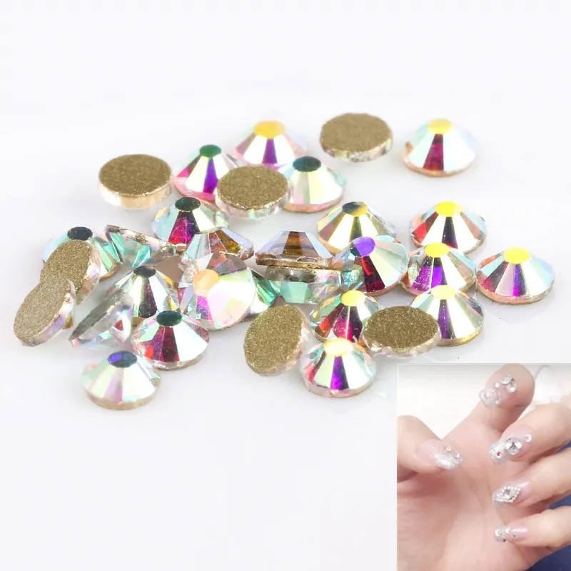 Strass pour Nail Art, sac de forme ronde en cristal, AB et transparent, à dos plat, Non correctif, 1440 pièces/opp