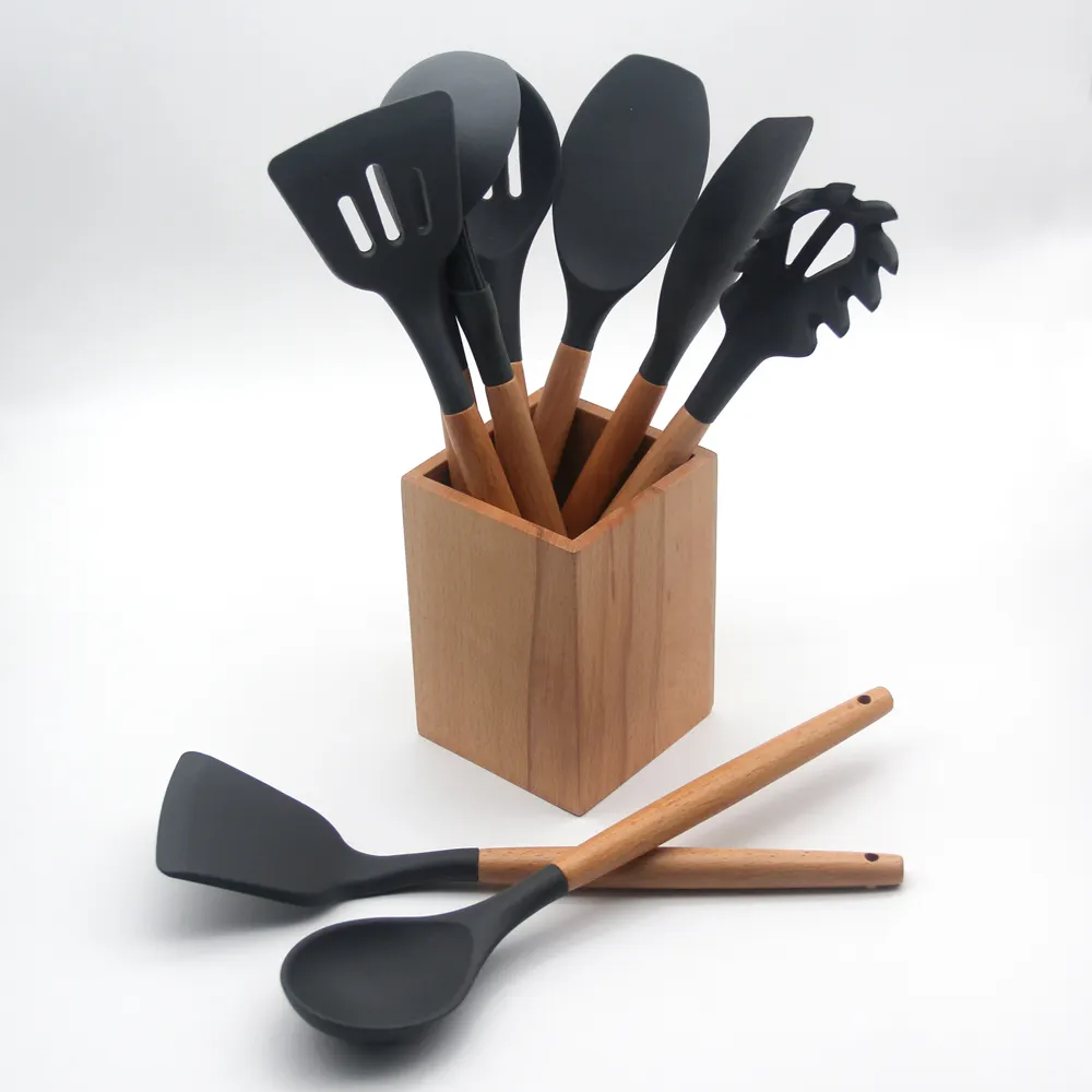 Conjunto de utensílios de cozinha de silicone para padaria, 9 peças de fábrica, com cabo de madeira