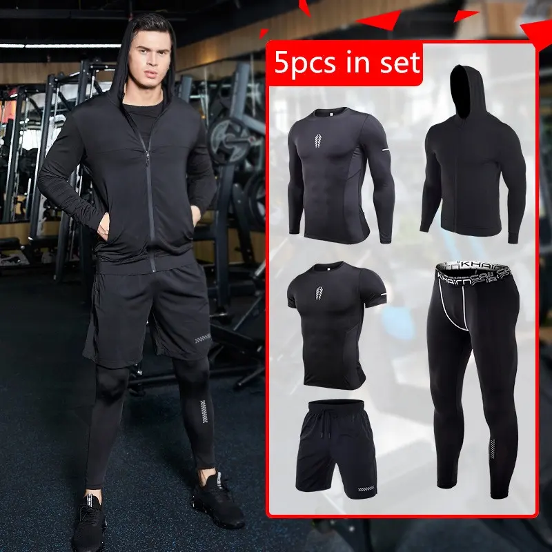 5 Stuk In Set Mannen Quick Dry Training Slijtage Set Gym Kleding Running Suits Ademend Running Wear Sport Pak Voor man