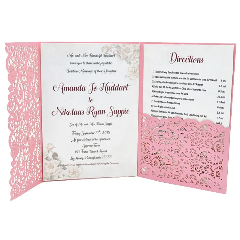 गुलाबी मोती trifold निमंत्रण कार्ड शादी फीता निमंत्रण लेजर कट लक्जरी निमंत्रण कार्ड शादी के साथ जेब