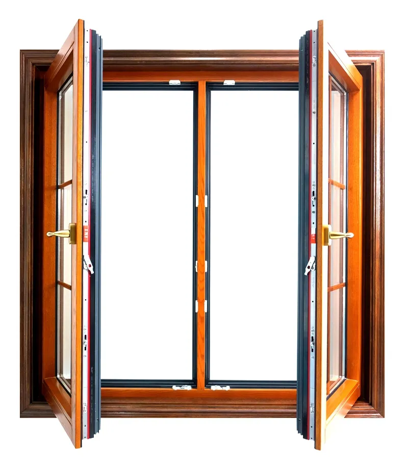 ISO9001 certificado revestido de aluminio ventanas de madera con parrilla de inclinación y giro para en venta-swing ventanas de doble acción con AAMA NFRC