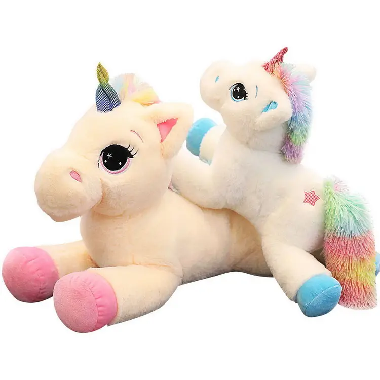 Yaratıcı yeni mevcut büyük göz gökkuşağı at karton dolması peluş oyuncak unicorn bebek renkli kuyruk