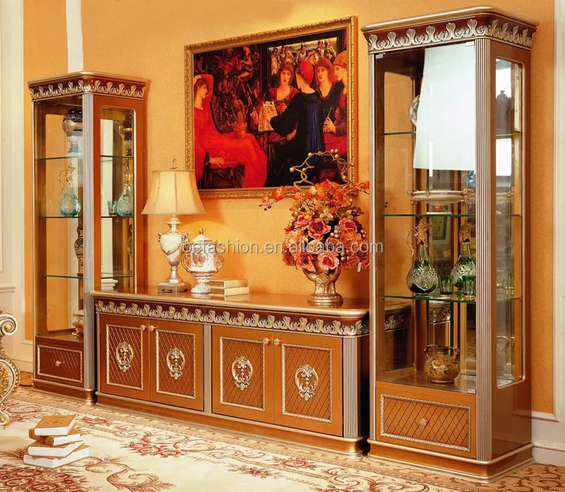 Mueble de salón estilo francés Rococo, vitrina de exhibición de vino con soporte de TV/vitrina de puerta de pintura dorada de madera antigua