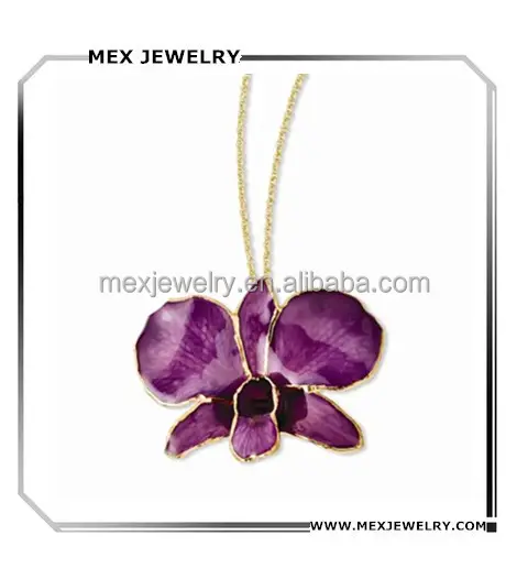 Натуральный цветочный Лак, покрытый золотом, фиолетовый кулон Дендробиум Орхидея, ожерелье, ювелирные изделия
