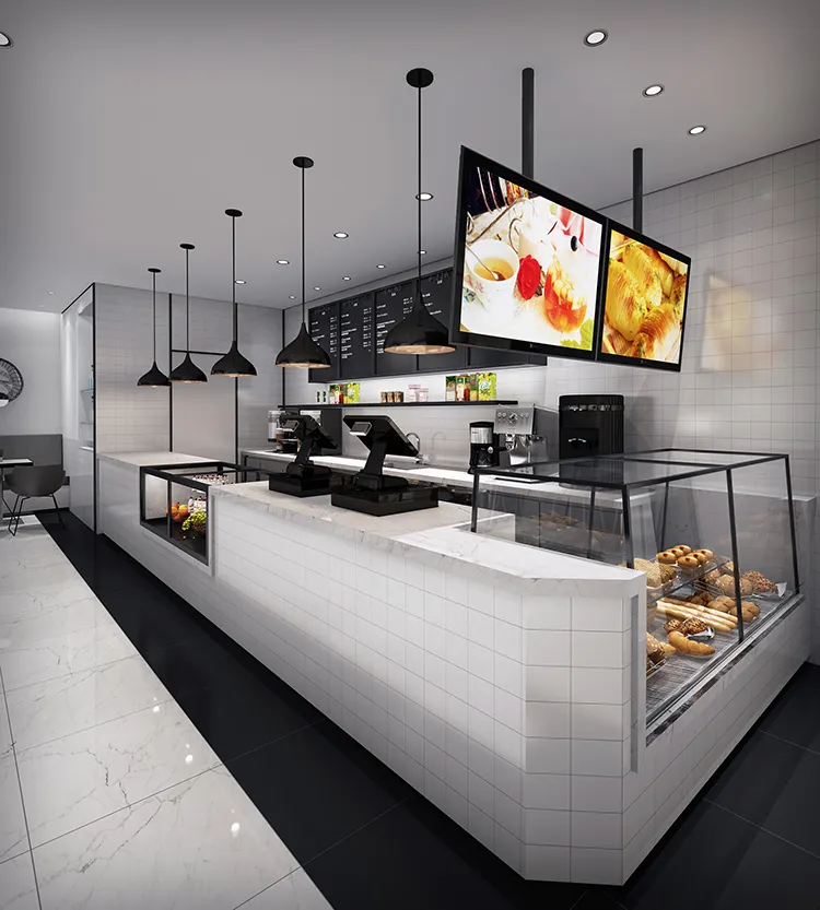 Exhibición Interior de tienda de panadería moderna, estantes de gabinete de exhibición de pan personalizados, escaparate de panadería