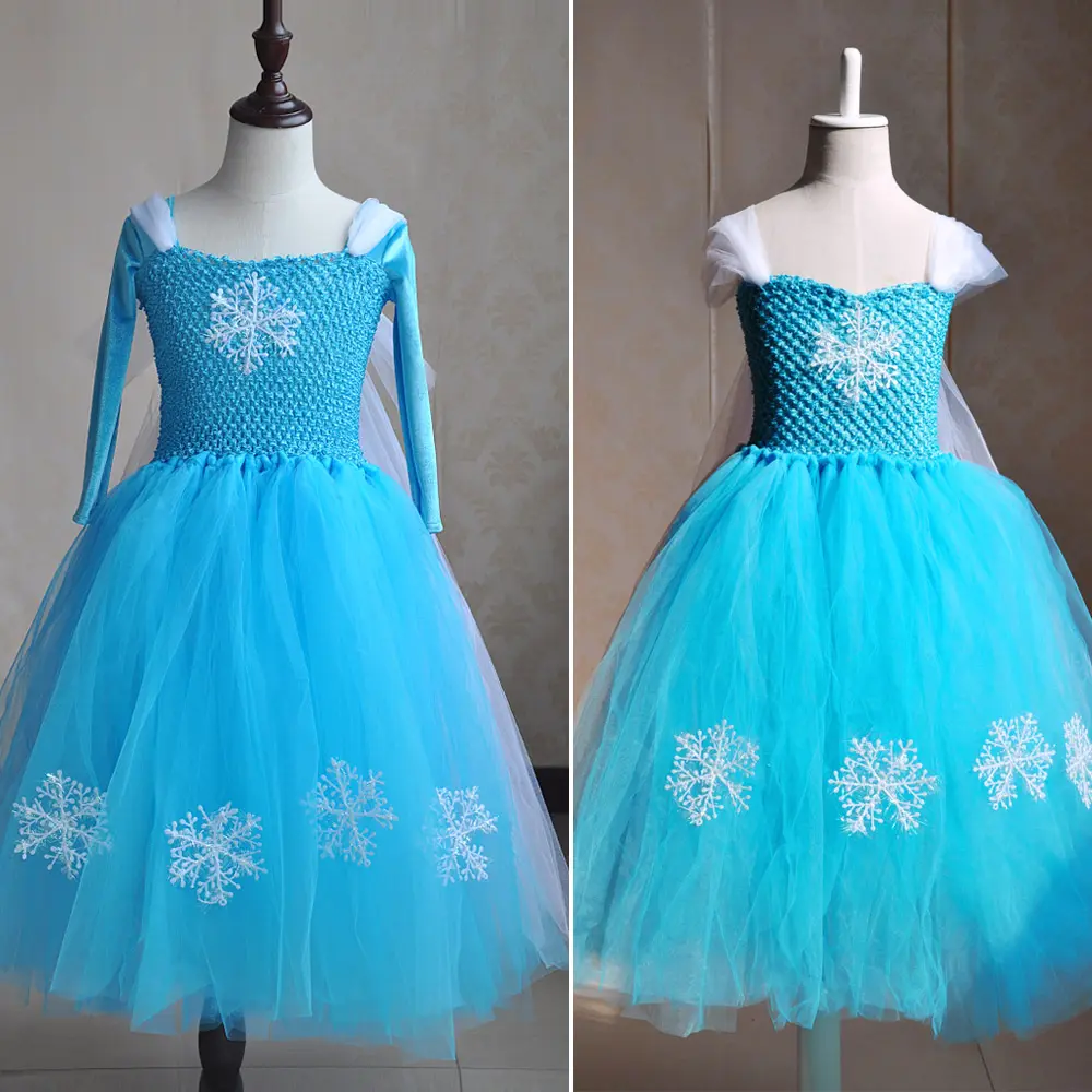 Gaun Putri Elsa, Kostum Putri untuk Anak Perempuan, Gaun Tutu Bunga Lengan Panjang Beludru Korea