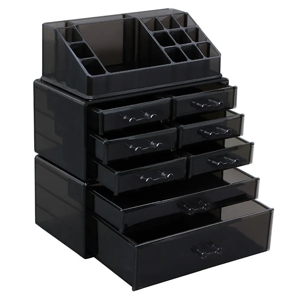 Large Size Makeup Organizer 8 Drawers Cosmetic Storage 3 Pieces Set Display Organizer with 16 Top Compartments 100% Acrylic