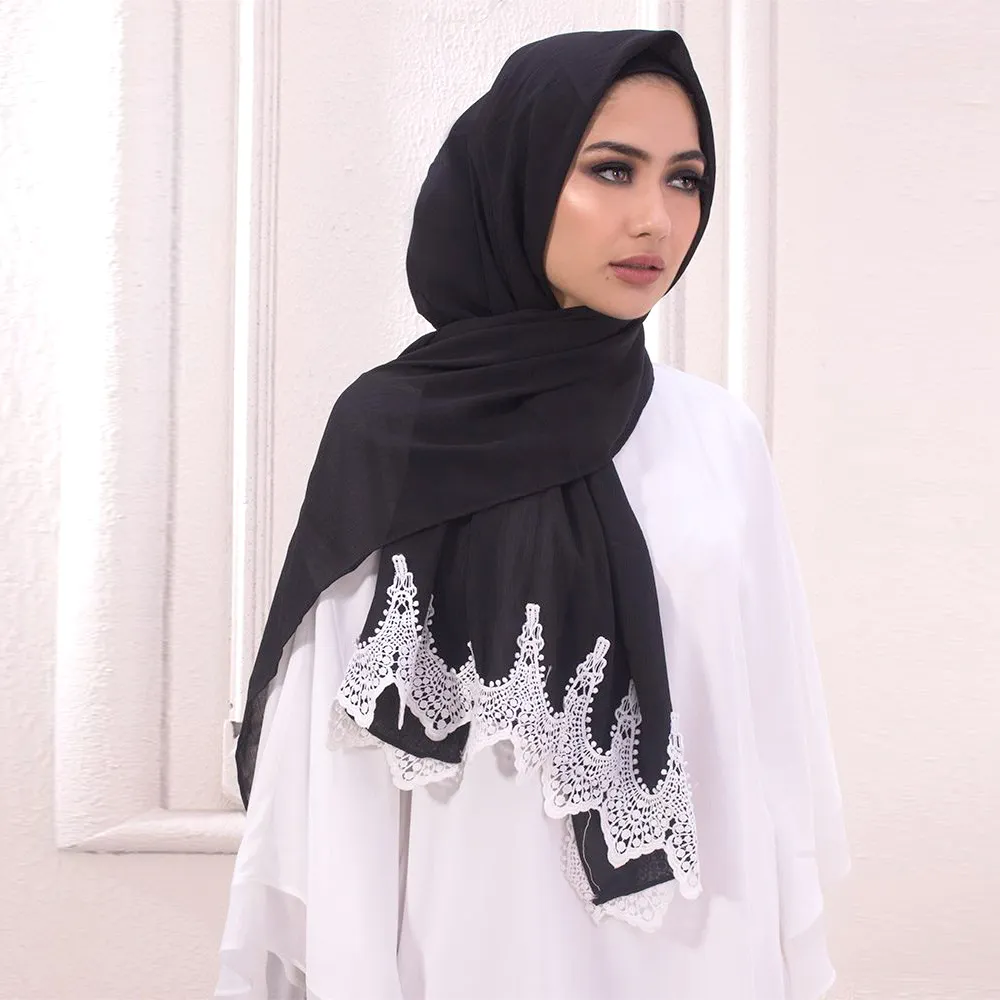 2021 새로운 도착 패션 Hijab 쉬폰 스카프 스카프 이슬람 레이스 아랍 스카프 고품질 진주 쉬폰 hijab
