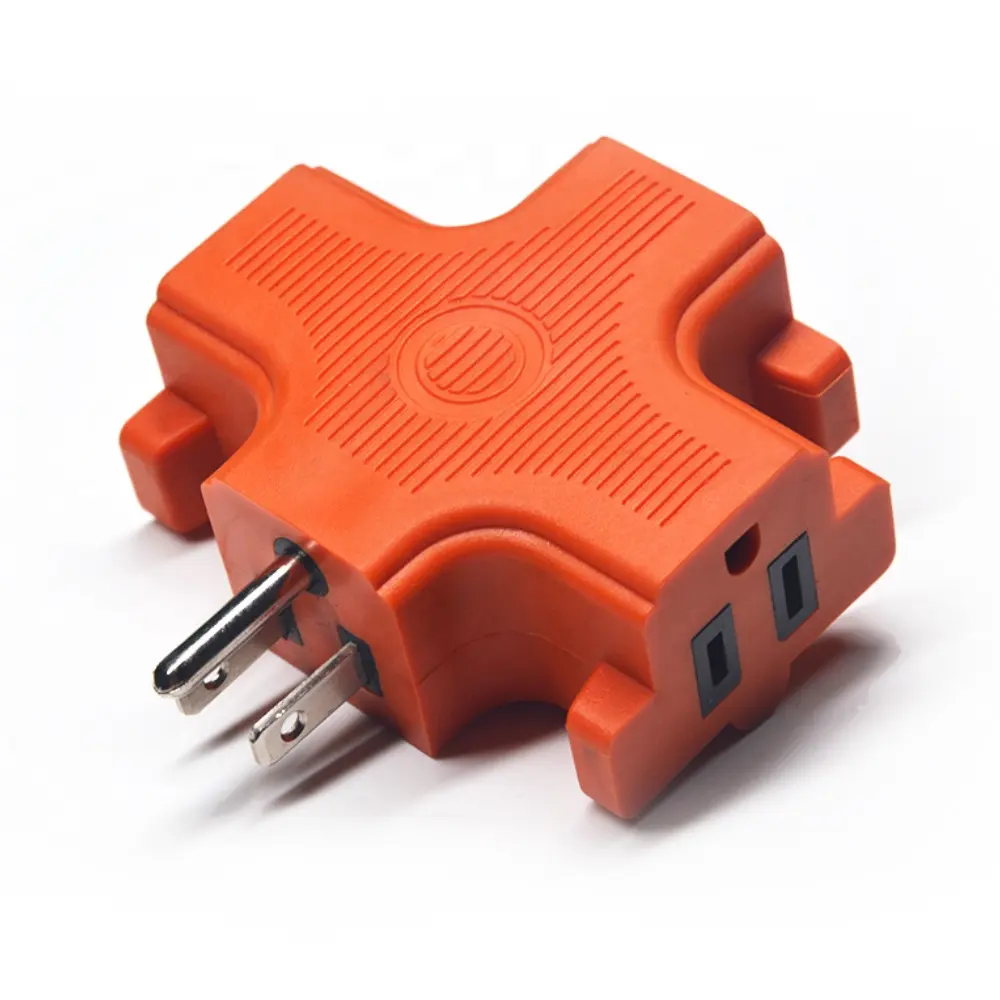 Adaptador de grifo de enchufe de pared con conexión a tierra resistente de salida triple (3) en forma de T con color naranja de 3 puntas 125V 15A