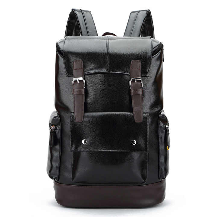 Simple Patchwork Travel Casual Daypacks Large Capacity Mens Double Shoulder Bag PU Leather Backpack