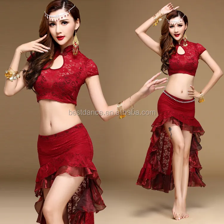 BestDance New Belly Dance Costumes Sexy Lace Top Shirt Skirt Outfit Set Dancer Practice Clothing OEM