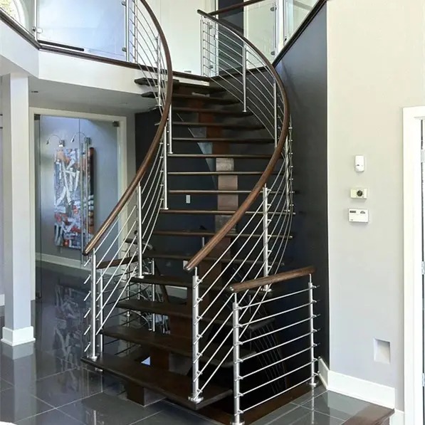 Modern Stainless Steel Rod Bar Railing Indoor Wood Curved Stairs with Round Staircase Railing