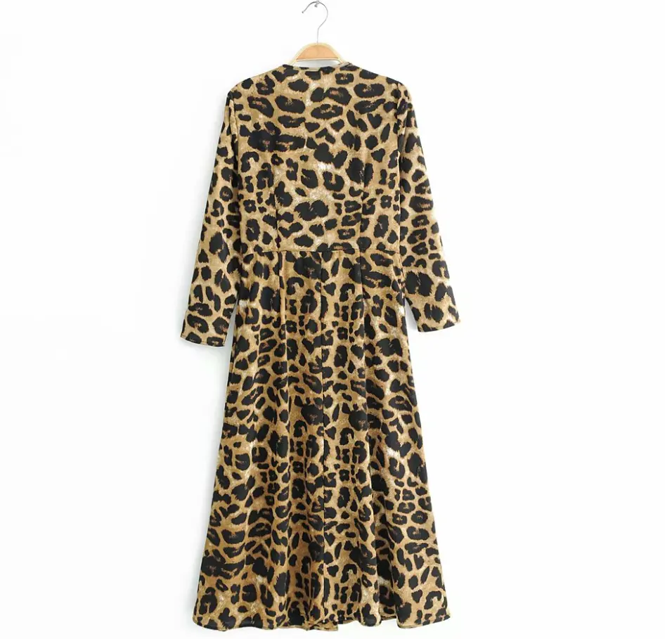 Sexy v neck long sleeve button up women animal print leopard dress