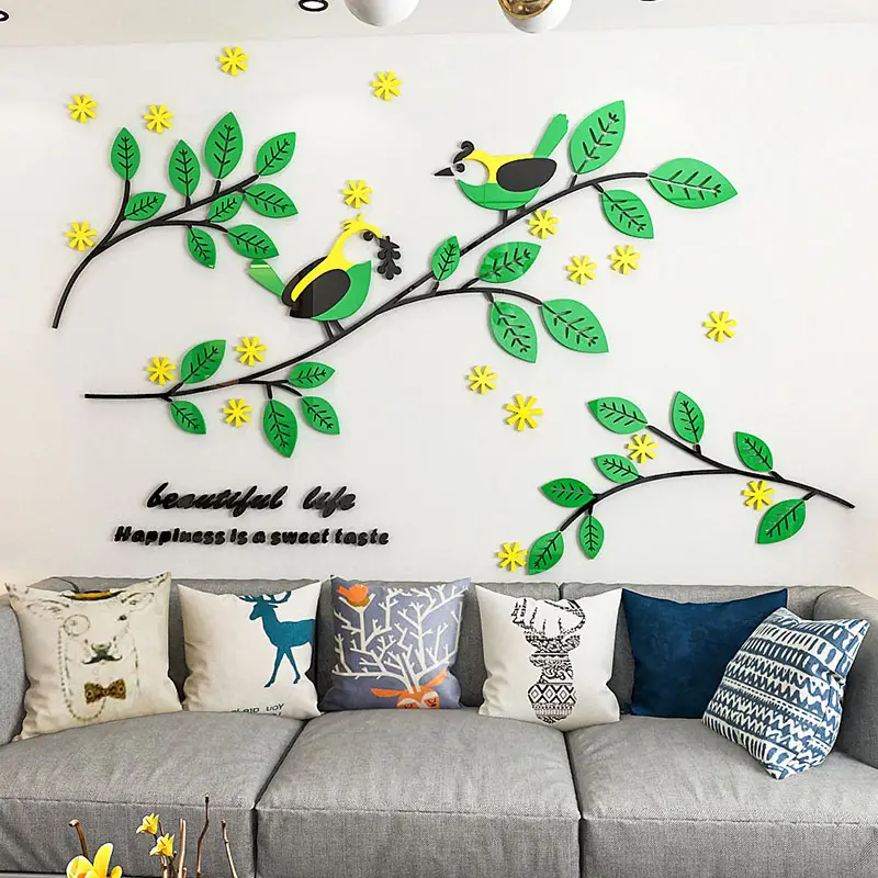 थोक सजावटी कमरे में रहने वाले दो पक्षियों के साथ डी दीवार स्टिकर फूल हाथ से पेंट की दीवार स्टीकर