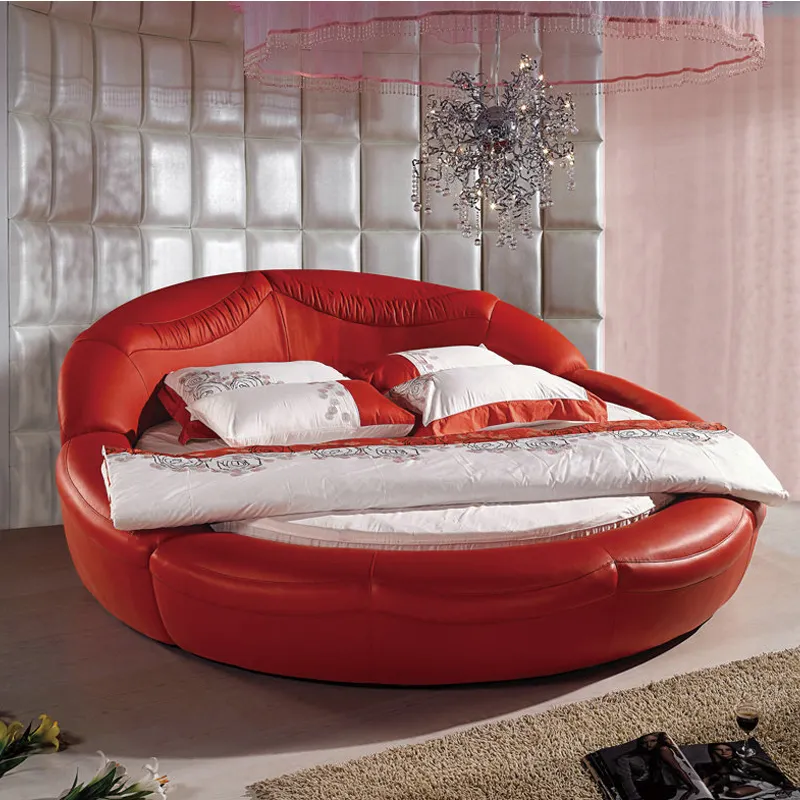 Lit en cuir forme ovale moderne et romantique, de couleur rouge, lit rond, offre spéciale sur marché british, grande taille king