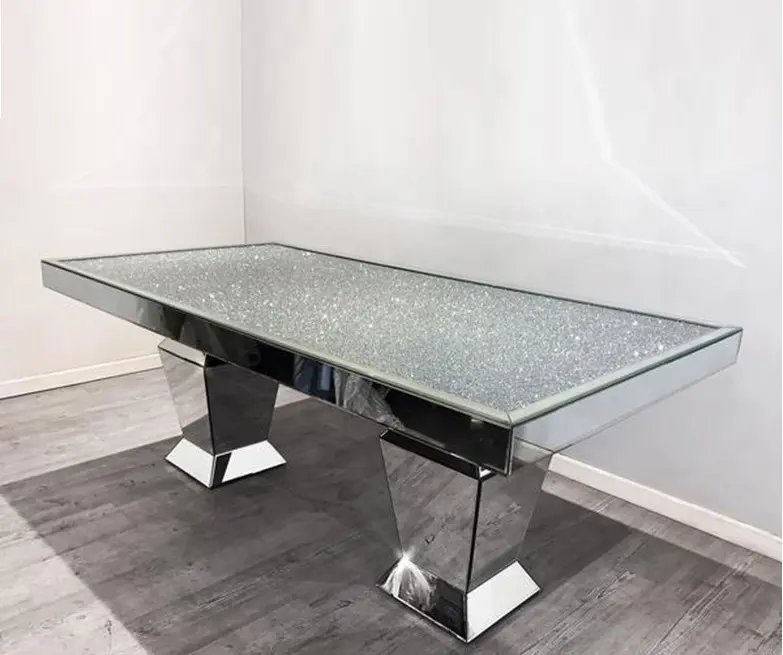 Brillante plata espejo mesa de comedor rectángulo aplastado diamante superior para 6-8 pueblos muebles de comedor