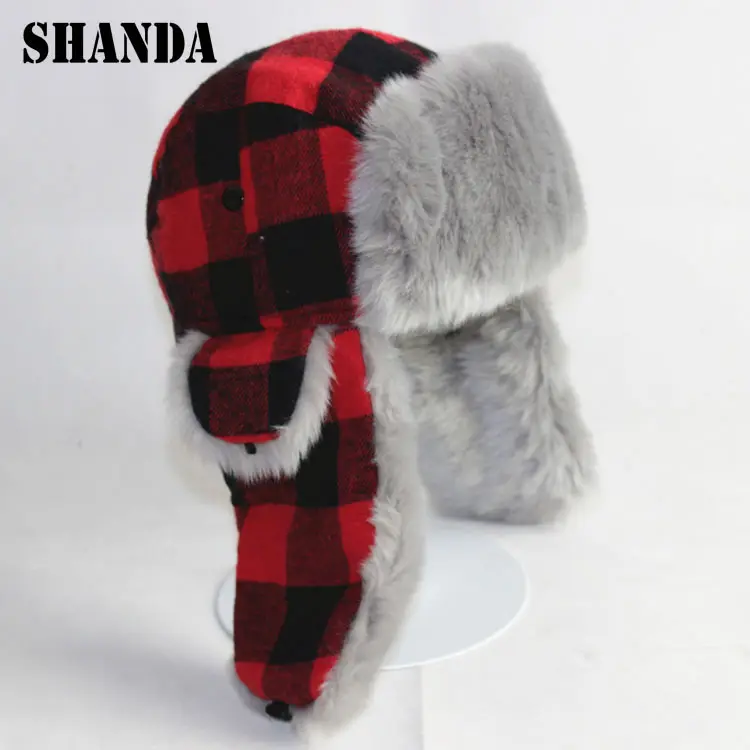 Inverno russo con il cappello di pelliccia, del plaid del faux cappello di pelliccia trapper, della banda personalizzata trapper cappello