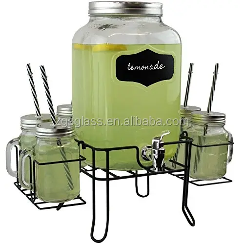 2 Gallon 8L Chiaro di vetro mason jar grande volume di succo di vetro bevanda distributore di bevande con rubinetto e metallo basamento in acciaio