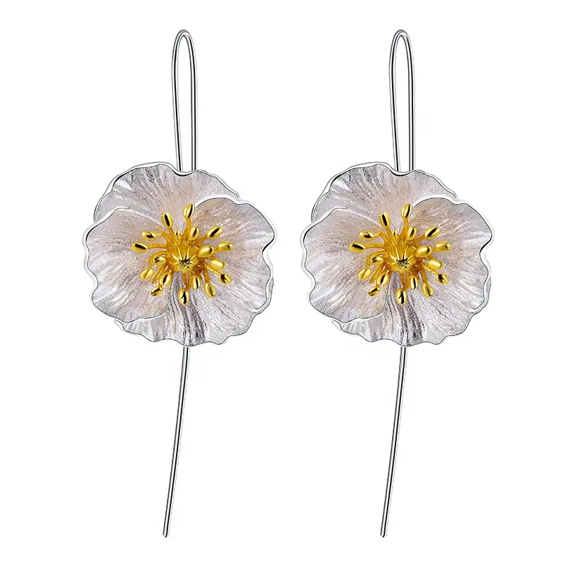 925 de plata esterlina flor amapolas flor pendiente de la boda para mujer de joyas de niña de fiesta