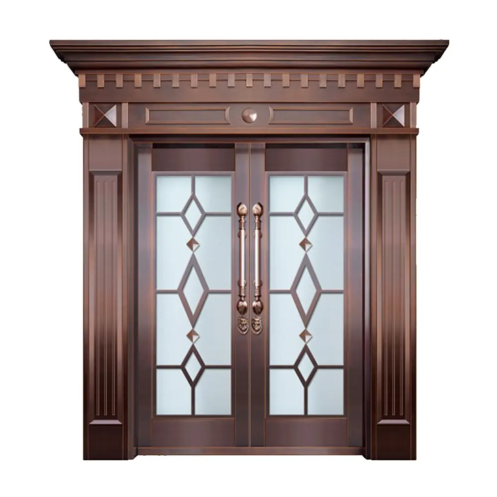 Puerta Exterior de doble Metal con vidrio decorativo, puerta de entrada de cobre de imitación para banco