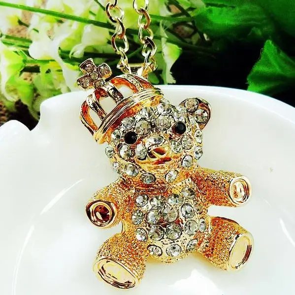 New custom signora lunga catena maglione di cristallo dell'oro del rhinestone carino corona teddy bear pendente della collana