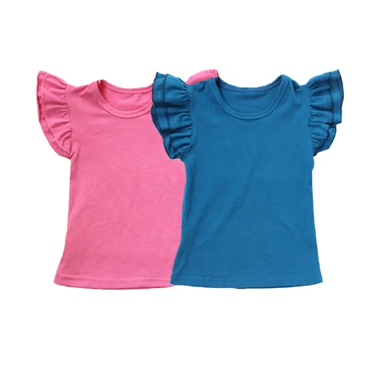 Butik Kemeja Lengan Berkibar Anak Perempuan, Kaus Atasan Warna Polos Leher-o Anak Perempuan Desain Terbaru Ruffle