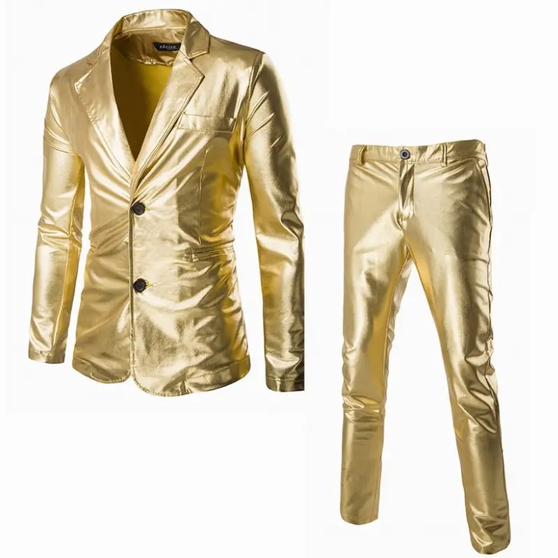 Ysmarket jaqueta e calças masculinas, conjunto formal de 2 peças de couro dourado, prata e preto, slim fit, para festas ea11