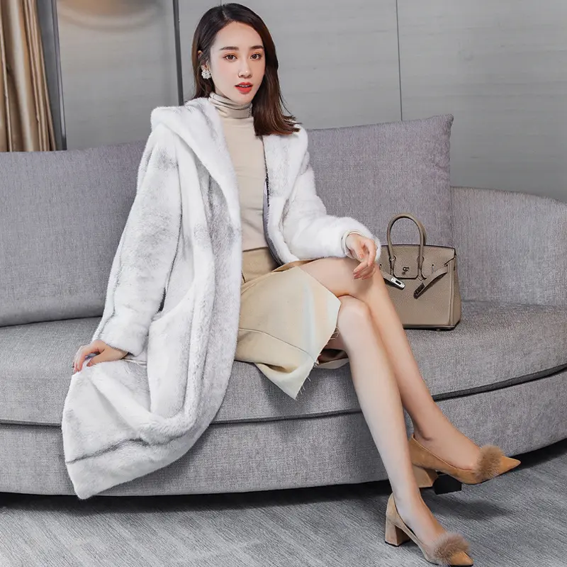 YQ03 Hot Sale Europe Design Women Long Coat Hood Genuine Mink Fur Coat