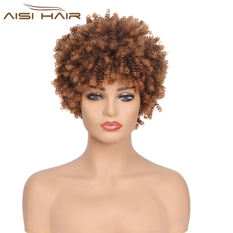Aisi Hair-pelucas Afro sintéticas con flequillo para mujer afroamericana, Pelo Rizado corto, color marrón, precio barato