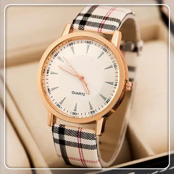 2014 Простые Стильные женские кварцевые наручные часы, новые классические часы в клетку с кожаным ремешком, розовые мужские и женские модные часы 2 # DW005