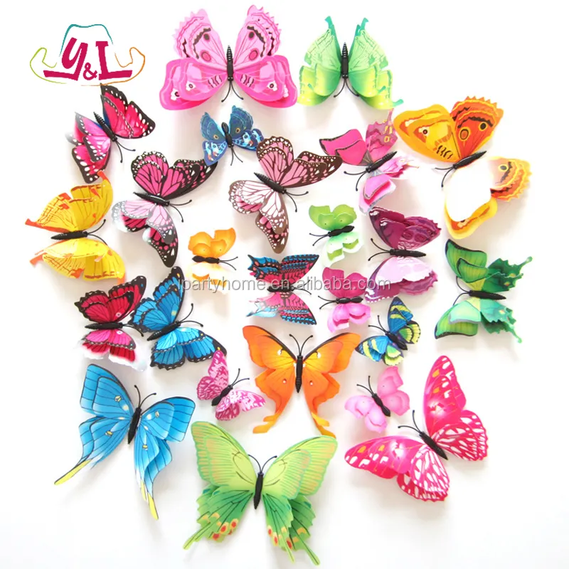Autocollant de papillon de décoration d'événements 3D de mariage, papillon en plastique volant de jardin de fée pour la fête