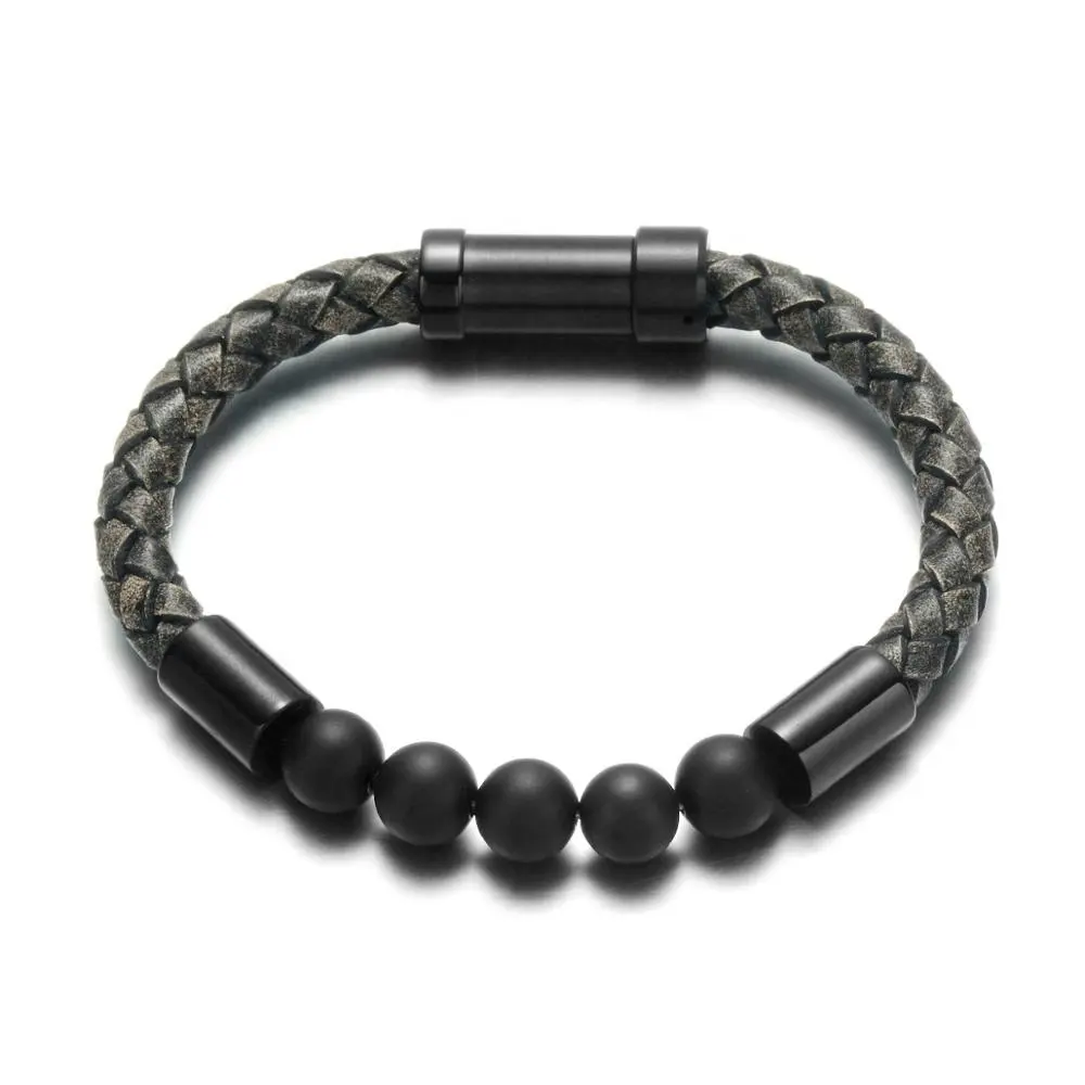 REAMOR Men Style Retro Black Braided Leather Cord Onyx Agate Stone Bracelet Bangle Genuine Leather Bracelet for Men and Women